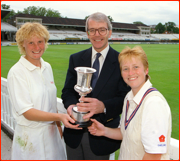 Jo Chamberlain and Karen Smithies with Prime Minister John Major at Lord's.
