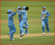 India celebrates a wicket during the ODI v England at Lord's.