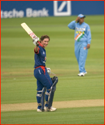 England's Claire Taylor celebrates during her 156 not out in the Lord's ODI v India.