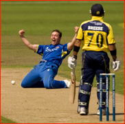 Graham Napier celebrates the wicket of Gareth Breese