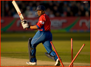 Ravi Bopara is 'bowled' by an Andrew Hall free hit