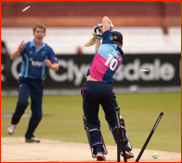 Middlesex's Denly is bowled by Graeme McCarter, 2012