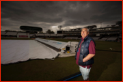 Head Groundsman, Mick Hunt, keeps an eye on the weather, Lord's.