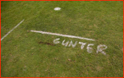 Andre Nel's alter-ego, Gunter, is sprayed on the grass at the start of his run-up