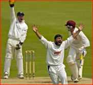 Mushtaq Ahmed appeals for the lbw of Gerard Brophy