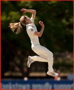 Australia's Ellyse Perry bowls, Ashes Test match v England, Sydney.