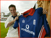 Andrew Strauss shows off his first England shirt at Lord's